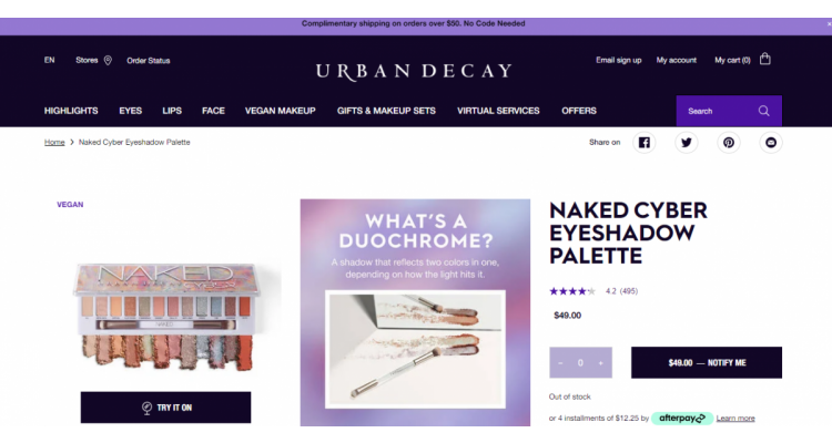 Urban Decay 彩妝訂單滿$75送彩妝3件套