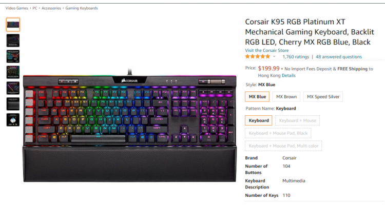 Corsair K95 RGB PLATINUM (MX Blu