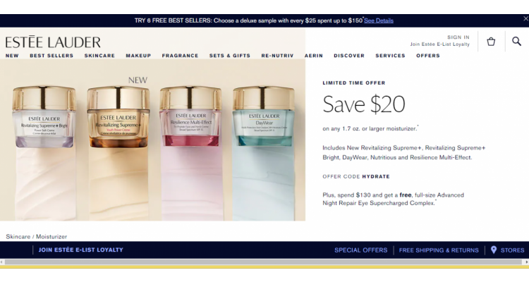 Estee Lauder 1.7oz以上面霜每單減$20