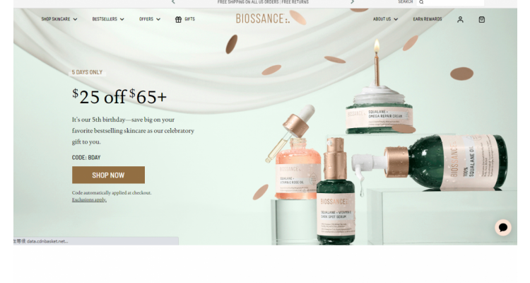 Biossance 全場護膚訂單滿$65立減$25